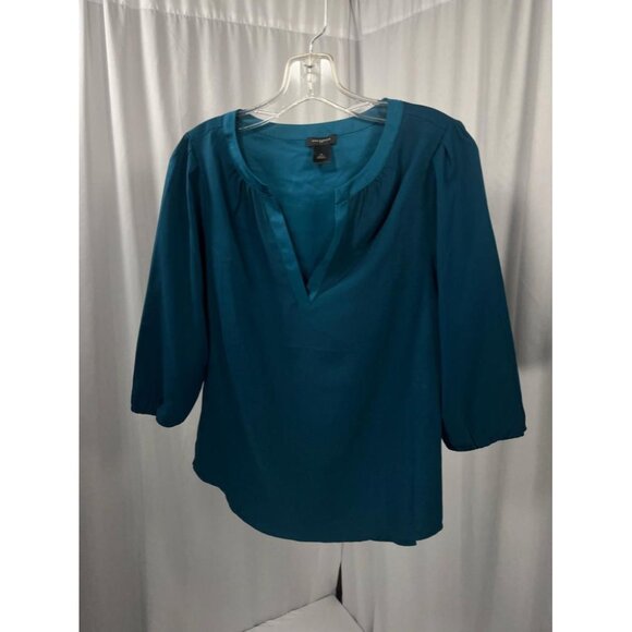 Ann Taylor Long Sleeve Satin Blouse Blue Vneck Womens Size XS Silky Sleek - Picture 3 of 7
